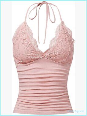 Y2K Halter Top Lace V Neck Ruched Low Cut Backless Tank Top